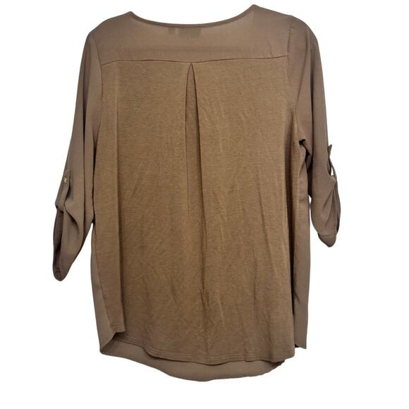 Tempted Brown Zip Front Roll Tab Sleeve Blouse Women’s Large Business Casual - Picture 4 of 4